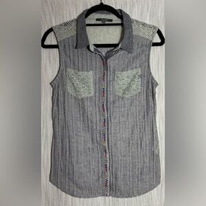Miss Me Gray Sleeveless Top with Patterned Accents